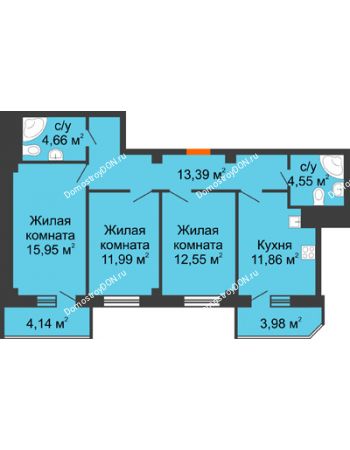 3 комнатная квартира 83,07 м² в ЖК Горизонт, дом № 2
