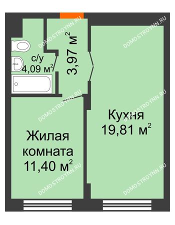 1 комнатная квартира 39,27 м² - ЖК КМ Молодежный, 76