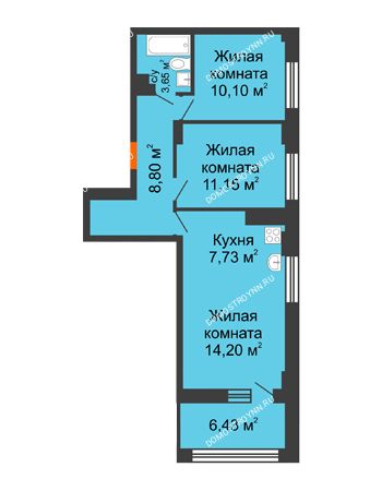 3 комнатная квартира 58,85 м² - ЖК Каскад на Сусловой