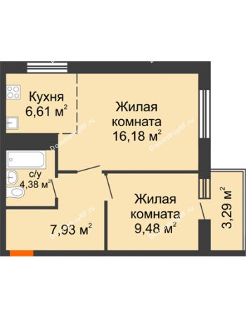 2 комнатная квартира 47,87 м² в ЖК На Хмельницкого	, дом № 3