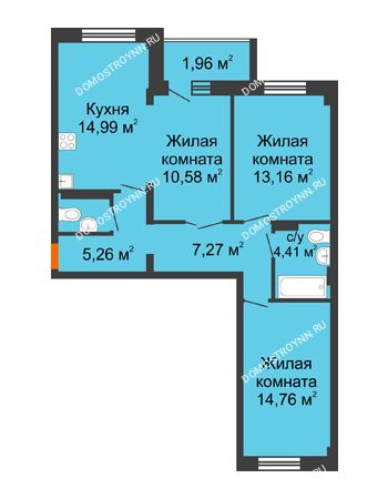 3 комнатная квартира 74,34 м² в ЖК Дом с террасами, дом № 6