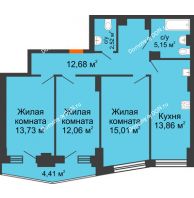 3 комнатная квартира 76,91 м² в ЖК Рубин, дом Литер 3 - планировка
