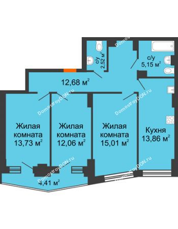 3 комнатная квартира 76,91 м² в ЖК Рубин, дом Литер 3