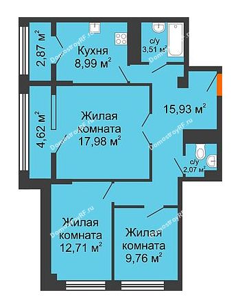 3 комнатная квартира 78,59 м² в ЖК СИТИДОМ, дом 4 очередь,корпус 3
