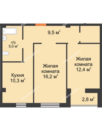 2 комнатная квартира 57,5 м² в ЖК На Ватутина, дом ГП 1.1,1.2,1.3