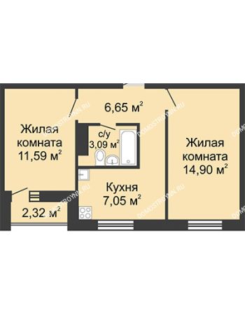 2 комнатная квартира 44,44 м² в ЖК Бурнаковский, дом № 38