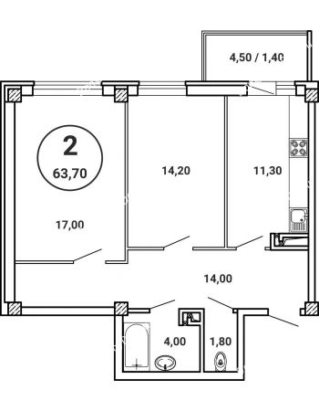 2 комнатная квартира 63,7 м² в ЖК Лебедь, дом № 50