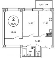 2 комнатная квартира 63,7 м² в ЖК Лебедь, дом № 50 - планировка