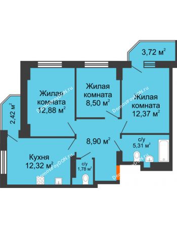 3 комнатная квартира 64,39 м² в ЖК Свобода, дом №2