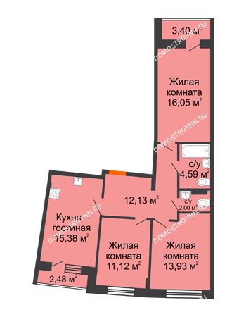 3 комнатная квартира 77,97 м² в ЖК Ватсон, дом № 3