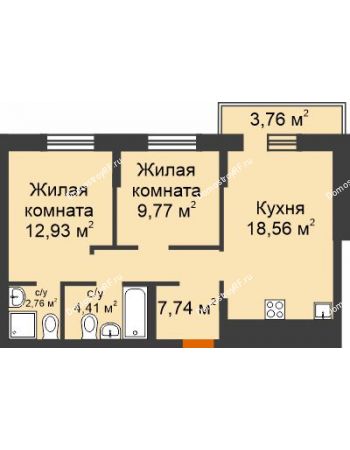2 комнатная квартира 56,17 м² в ЖК Романтики, дом Париж