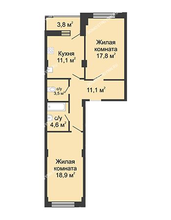 2 комнатная квартира 69,2 м² в ЖК Цветы, дом № 15
