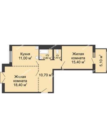 2 комнатная квартира 61,3 м² в ЖК 5 Элемент (Пятый Элемент), дом Корпус 5-1.1