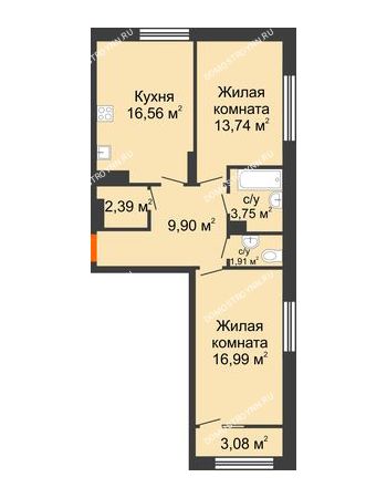 2 комнатная квартира 66,78 м² в ЖК Маленькая страна, дом № 4