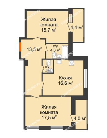 2 комнатная квартира 73,6 м² в ЖК Подкова на Родионова, дом № 2