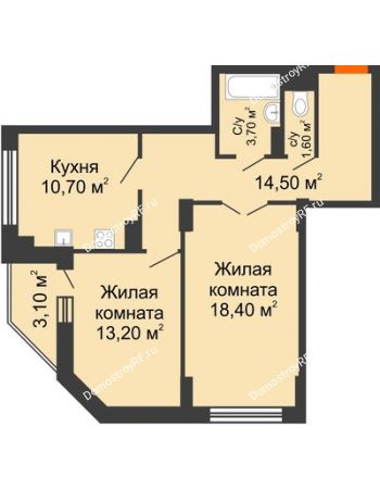 2 комнатная квартира 63,7 м² в ЖК Высота, дом 4 позиция