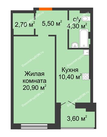 1 комнатная квартира 47,4 м² в ЖК Парк Островского 2, дом № 1