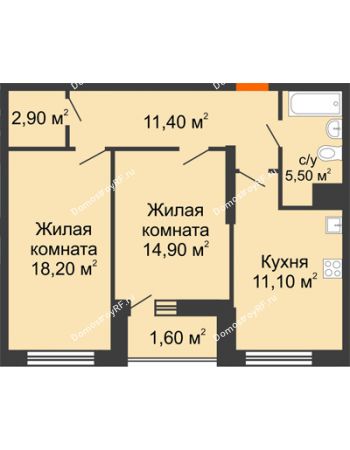 2 комнатная квартира 69,4 м² в ЖК Новая Панорама, дом № 1