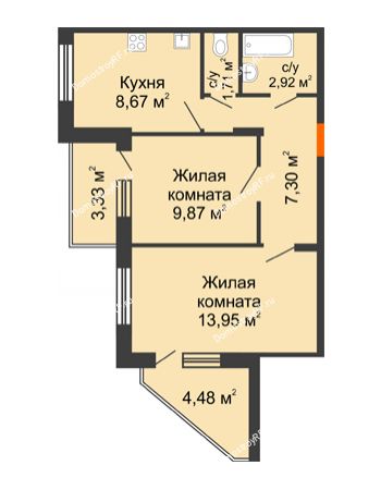 2 комнатная квартира 48,33 м² - ЖК Розмарин