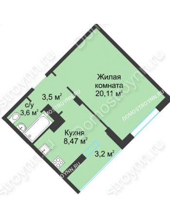 1 комнатная квартира 38,88 м² в ЖК На Вятской, дом № 3 (по генплану)