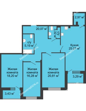3 комнатная квартира 120,3 м² в ЖК Тихий Дон, дом № 1