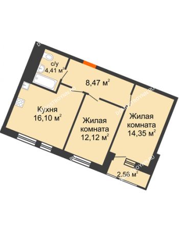 2 комнатная квартира 58,01 м² в ЖК Книги, дом № 1