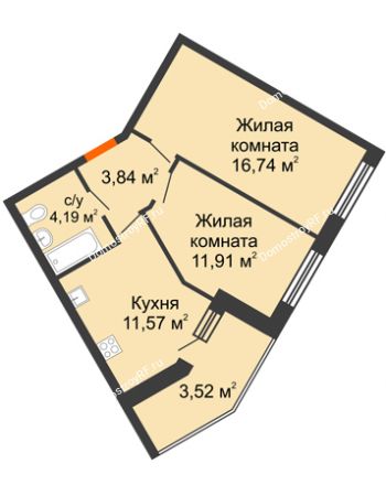 2 комнатная квартира 51,77 м² в ЖК Бунина парк, дом 3 этап, блок-секция 3 С