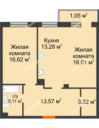 2 комнатная квартира 68,96 м² в ЖК Норма, дом № 2