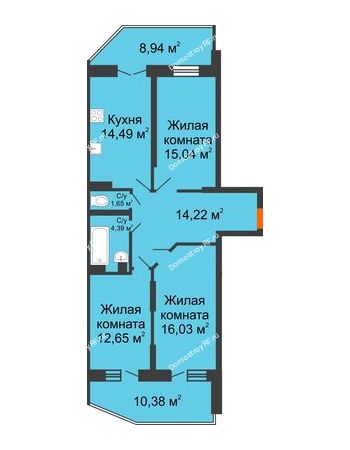 3 комнатная квартира 87,99 м² в ЖК Россинский парк, дом Литер 2