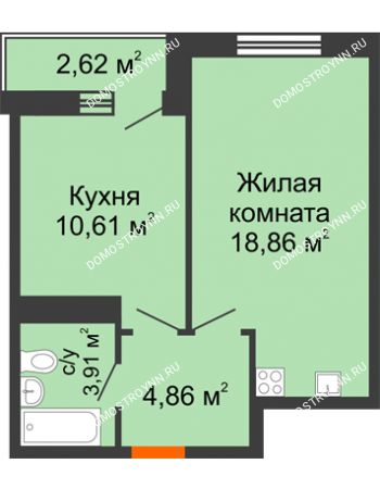 1 комнатная квартира 40,86 м² - ЖК Комарово