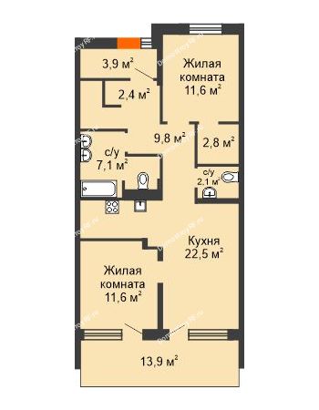 2 комнатная квартира 87,7 м² в Микрорайон Видный	, дом ГП-22