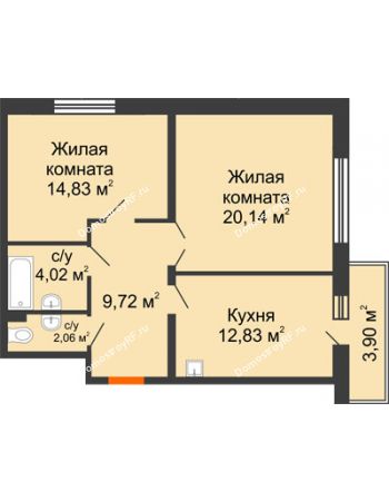 2 комнатная квартира 66,34 м² в ЖК Бограда, дом № 2