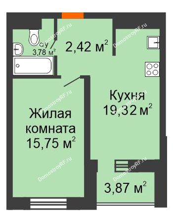 2 комнатная квартира 43,2 м² в ЖК Набережный квартал, дом ГП-4