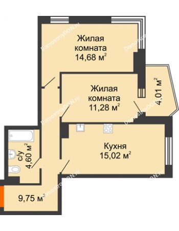 2 комнатная квартира 57,34 м² в ЖК Сердце Ростова 2, дом Литер 2