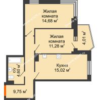 2 комнатная квартира 57,63 м² в ЖК Сердце Ростова 2, дом Литер 1 - планировка