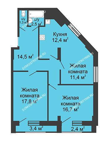 3 комнатная квартира 76,6 м² - ЖД по ул. Сазанова