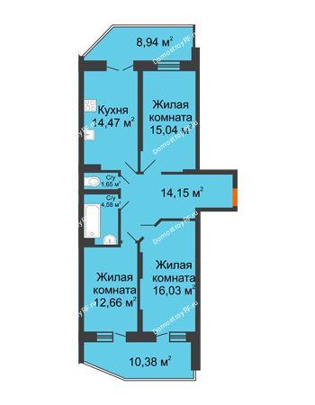 3 комнатная квартира 88,04 м² в ЖК Россинский парк, дом Литер 1