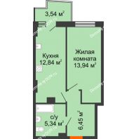1 комнатная квартира 39,14 м² в ЖК Город у реки, дом Литер 7 - планировка