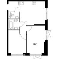 2 комнатная квартира 46,1 м² в ЖК Савин парк, дом корпус 2 - планировка