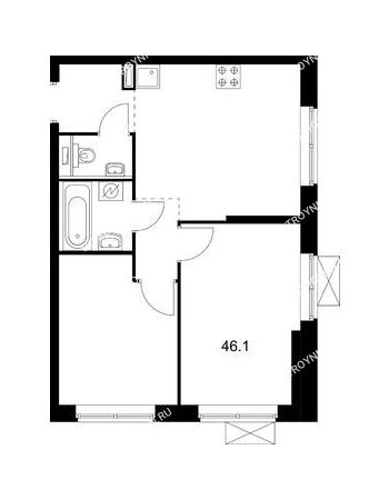 2 комнатная квартира 46,1 м² в ЖК Савин парк, дом корпус 2