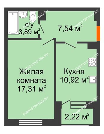 1 комнатная квартира 40,77 м² - ЖК Дом на Чаадаева