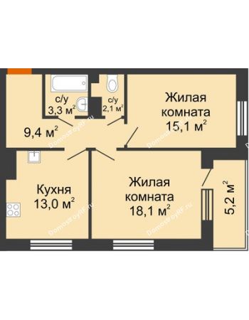 2 комнатная квартира 61 м² в ЖК GRAFF HOUSE (ЖК ГРАФ ХАУС), дом Секция 1А