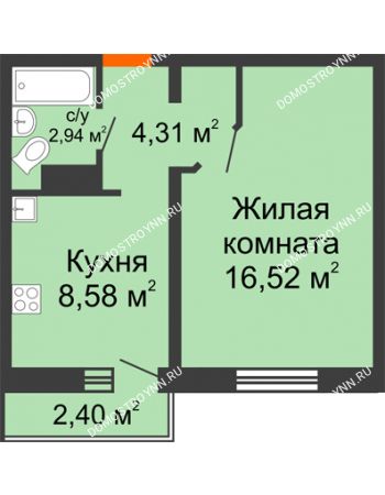 1 комнатная квартира 33,07 м² в ЖК Торпедо, дом № 16