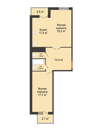 2 комнатная квартира 64,4 м² в ЖК Перемена, дом Литер 2