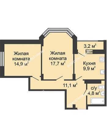 2 комнатная квартира 60,4 м² в ЖК Цветы, дом № 15