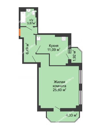 1 комнатная квартира 53,66 м² - ЖК Гармония