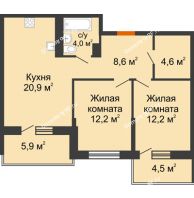 2 комнатная квартира 62,5 м² в ЖК Отражение, дом Литер 1.2 - планировка
