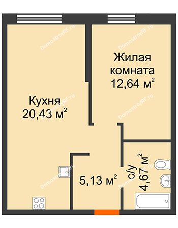1 комнатная квартира 42,87 м² в ЖК Сердце Сибири, дом № 74, квартал Нефтяников (ГП-1)
