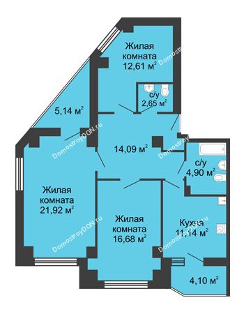 3 комнатная квартира 88,61 м² в ЖК Мега, дом № 116, секция 1