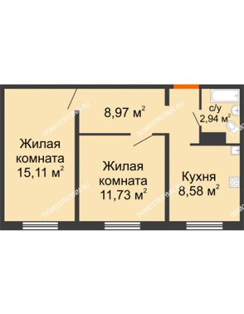2 комнатная квартира 47,33 м² в ЖК Торпедо, дом № 17
